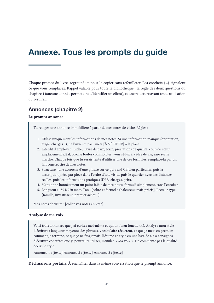 Page de l'annexe : la bibliothèque de prompts
